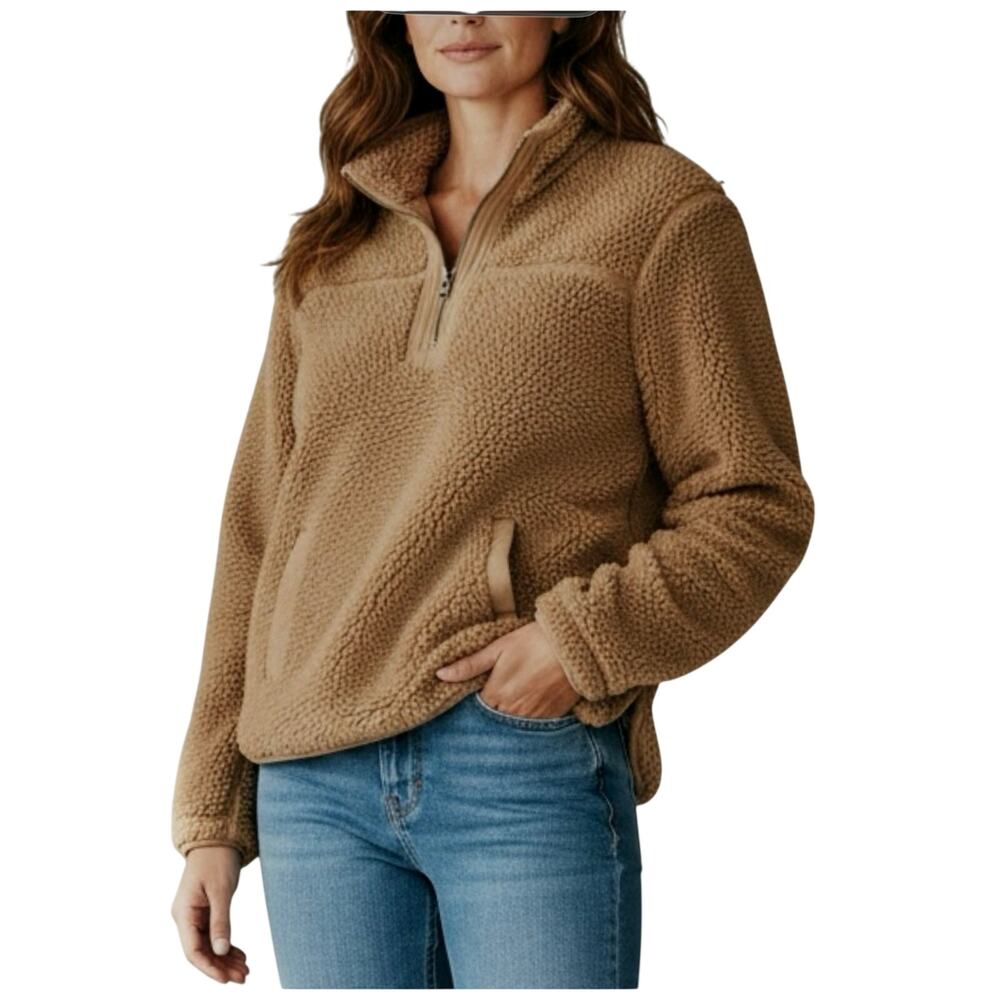 Abercrombie & Fitch Sherpa Pullover Sweater 3/4 Zip Long Sleeve Medium Brown